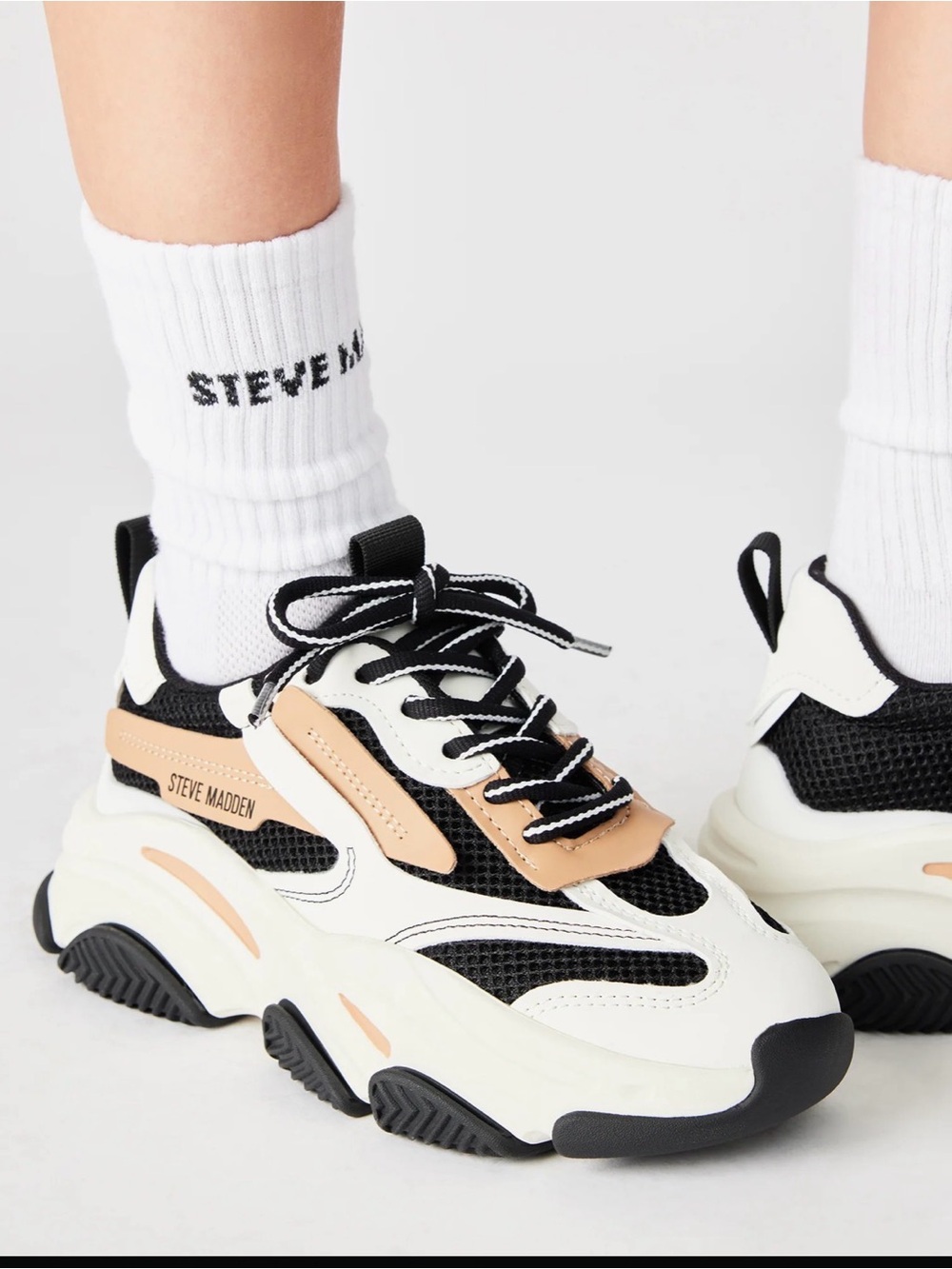 Steve Madden White, Black & Tan Platform Sneakers